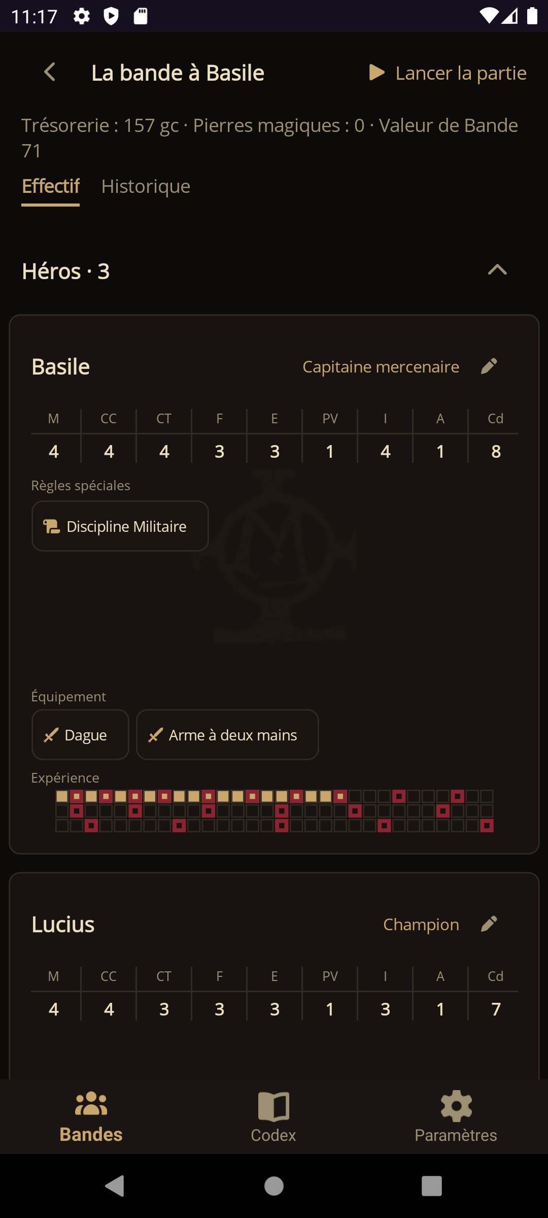 Fiche de guerrier et piste d'expérience