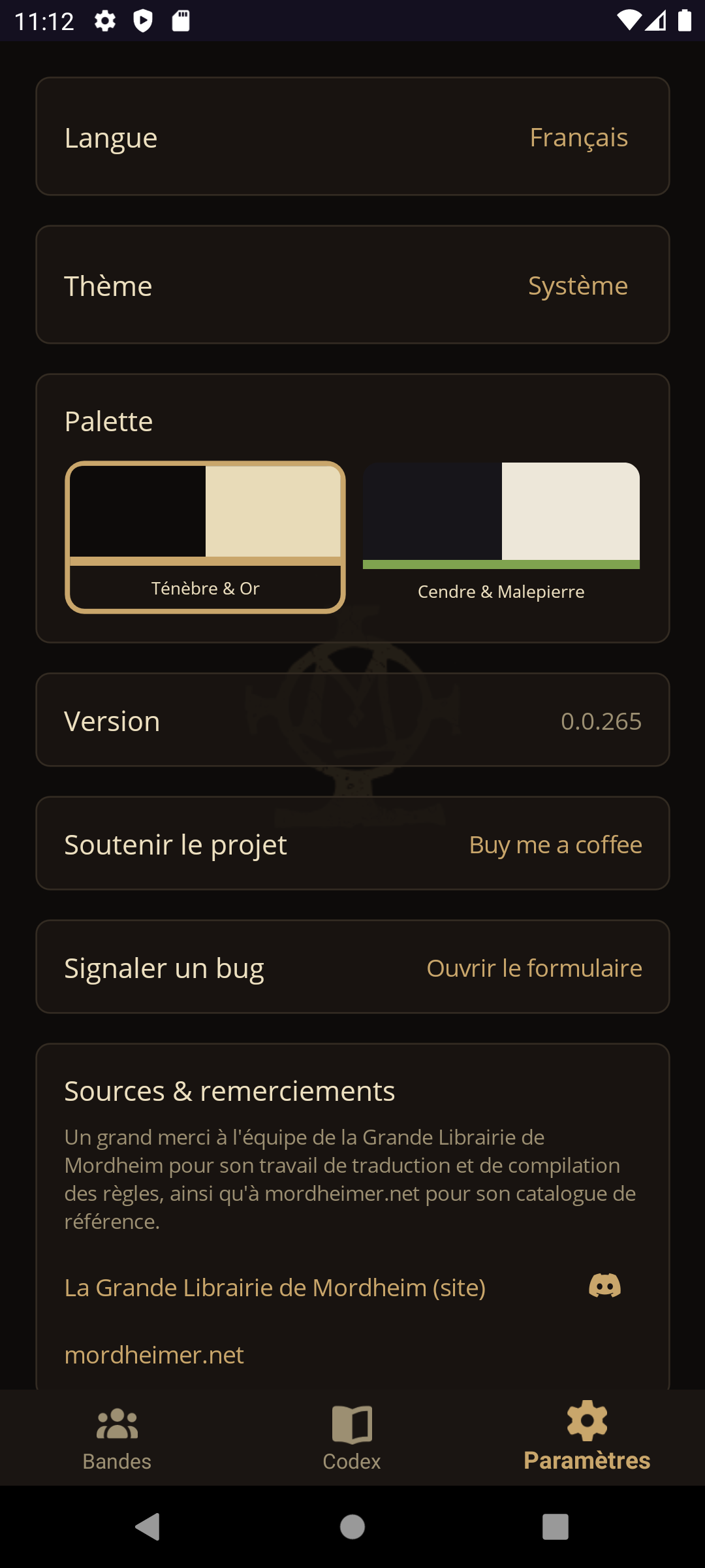 Réglages et palettes visuelles